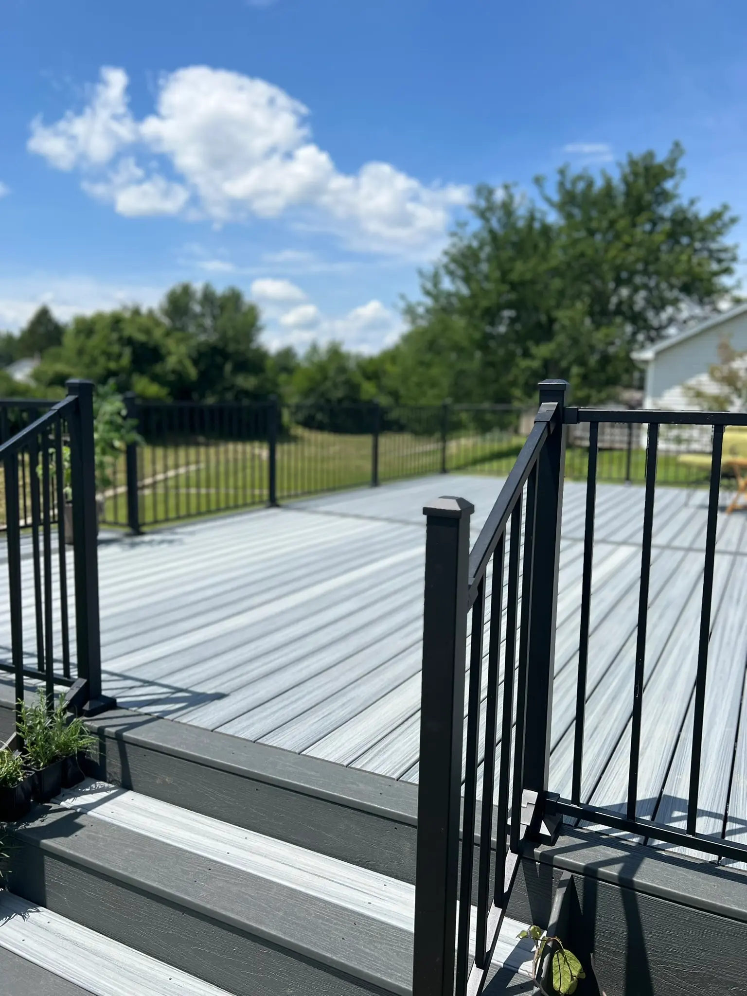 Gray composite deck with black metal railing and steps leading to backyard